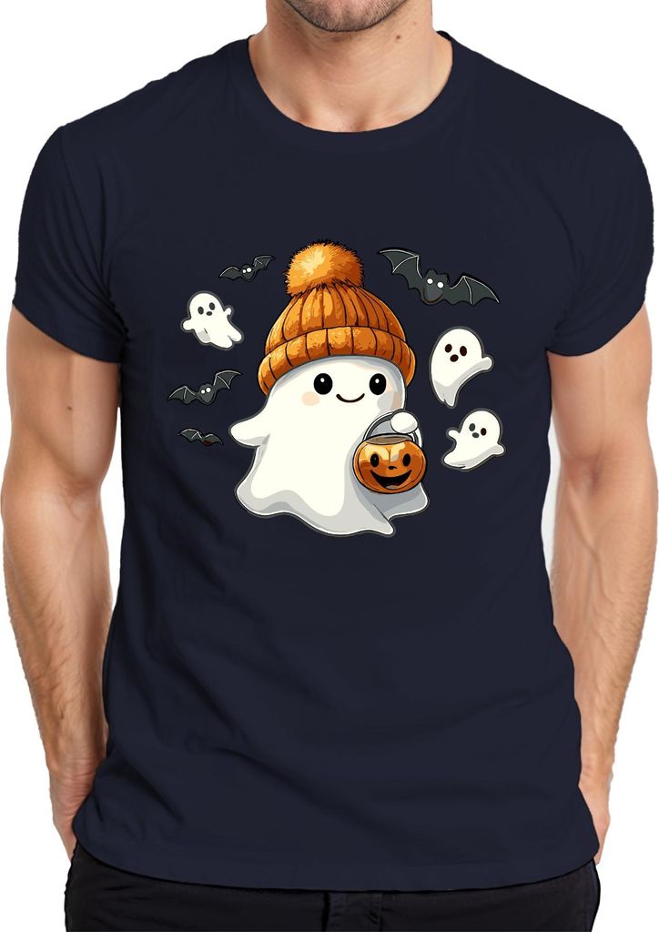 Niedlicher Halloween Geist mit Mütze Kürbis Laterne Kawaii Süßes Herren T-Shirt, Navy, 3XL