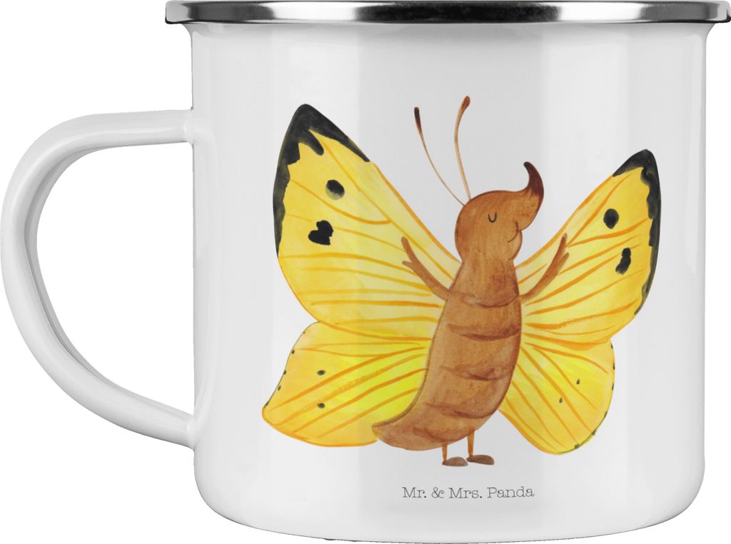 Mr. & Mrs. Panda Teetasse Schmetterling Zitronenfalter - Weiß - Geschenk, blechbecher, Fakten, Emaille Tasse, Lustige Sprüche, Liebe, emaillebech...