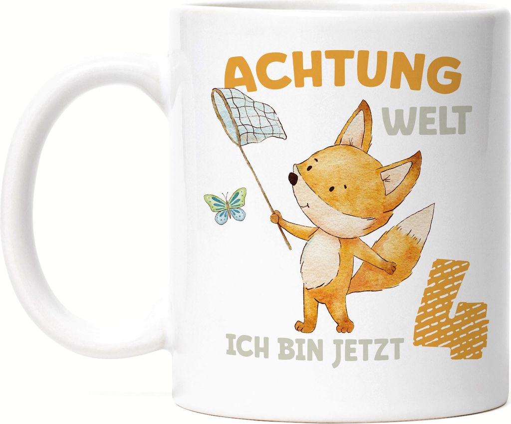 Achtung Welt Ich Bin Jetzt Vier Tasse Weiß 4. Geburtstag 4 Jahre Schmetterling Geburtstagskind Alles Gute