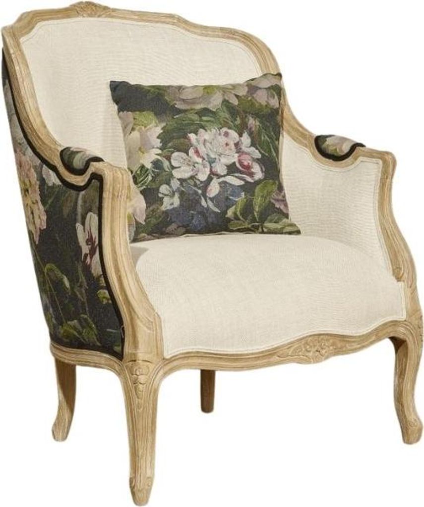 Bergère Sessel aus Leinen und bedrucktem Stoff