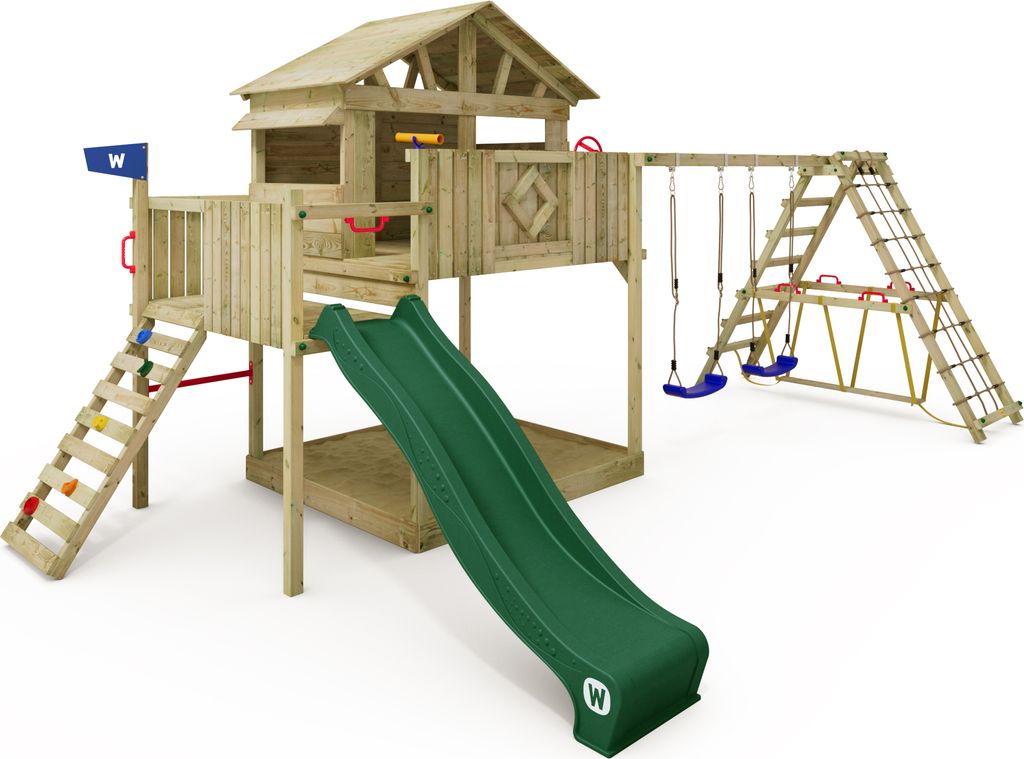 WICKEY Spielturm Smart Fjord mit Surfanbau, Doppelschaukel und Rutsche - grün