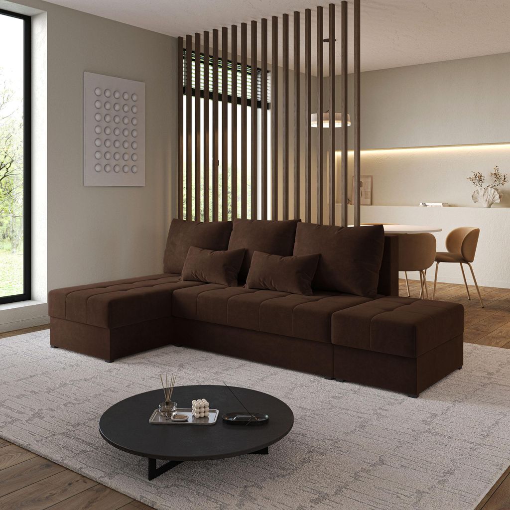 Masseno Ecksofa NORVI mit Schlaffunktion L-Form, Sofa mit Bettkasten, Wohnzimmersofa, Couch, Soffa, Bettsofa, Couchgarnitur- Braun, KRONOS 06