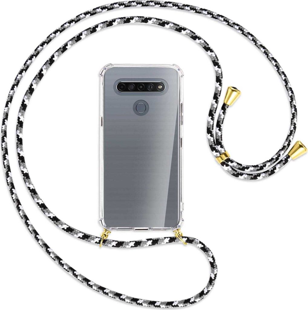 Handykette Backcover-Schutzhülle mit Band (Metall goldfarben) für LG K61 LM-Q630 - schwarz/grau/weiß