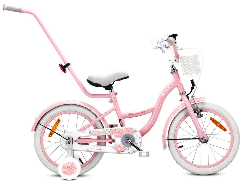 Mädchenfahrrad 16 Zoll Glocke Zusatzräder Schubstange Flower Bike Rosa