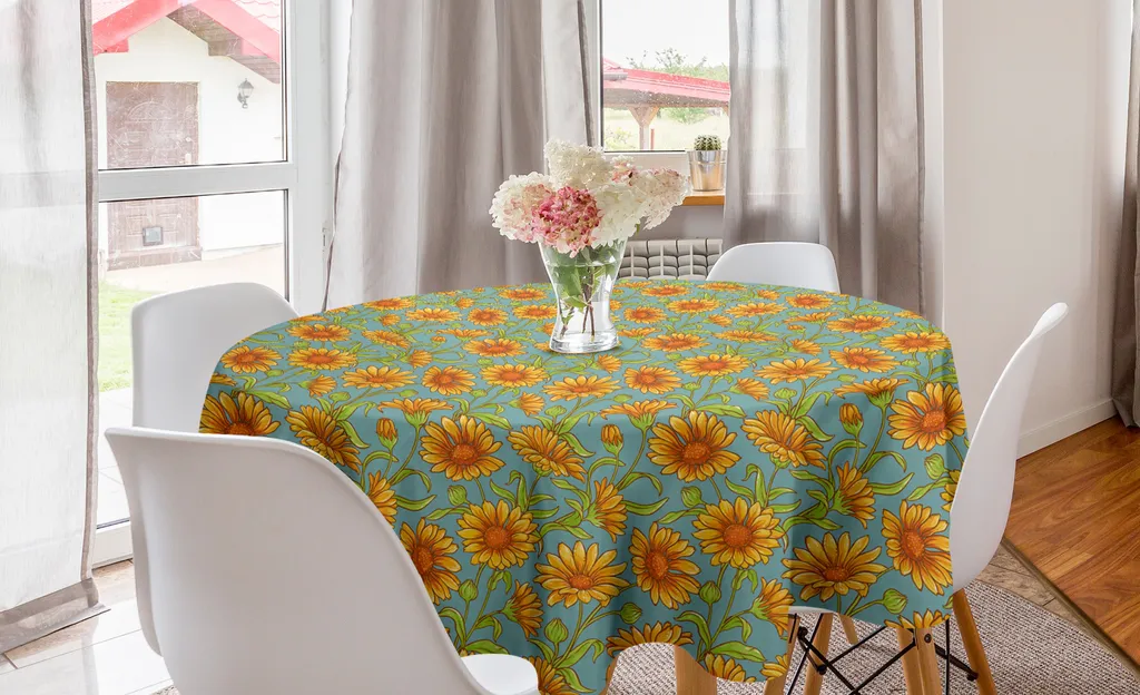 ABAKUHAUS Tovaglia Rotonda 150 cm Fiori Calendula Teal e Arancio