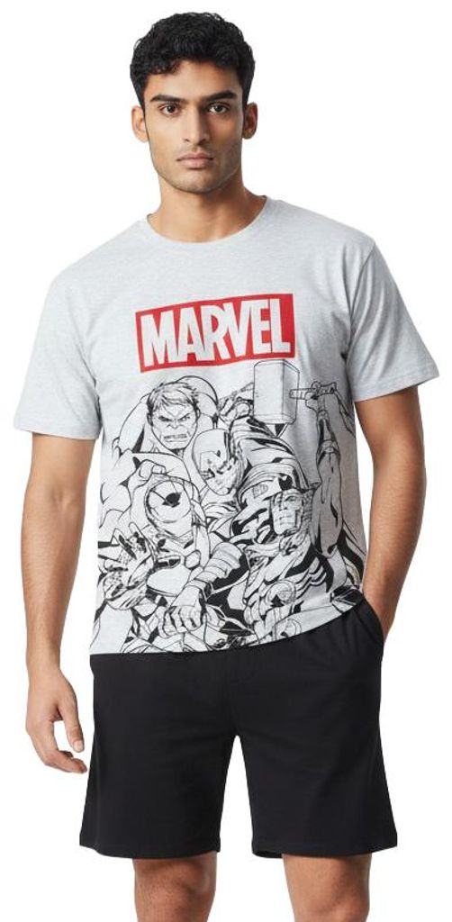 Marvel Schlafanzug für Männer - Pyjama Set Kurzarm Oberteil mit Hose Grau XL