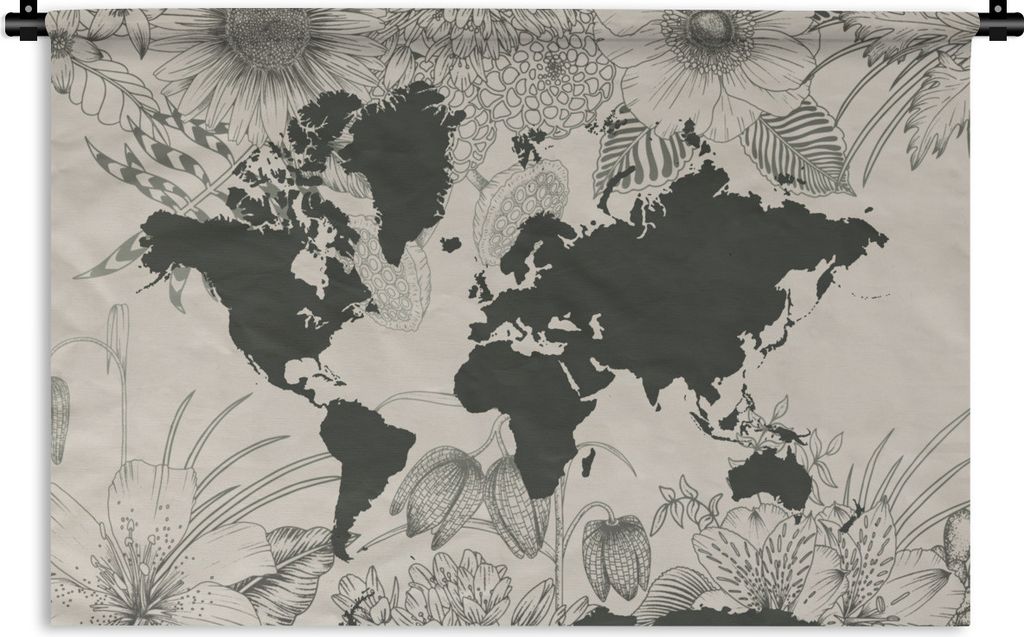 MuchoWow Wandteppich Wandbehang Weltkarte - Blumen - Grau 120x80 cm Tapisserie Dekoration Wandtuch - Wanddekorationen - Wandtücher
