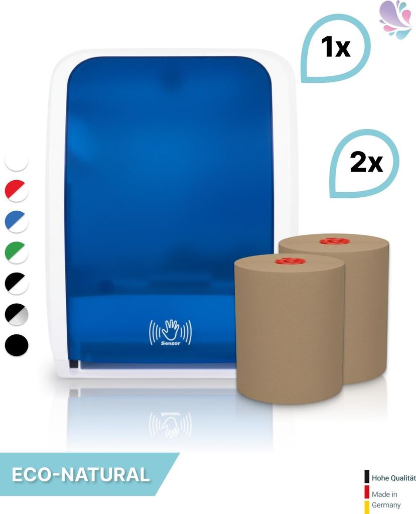 SET: Handtuchrollenspender SENSOR, berührungslos, Blanc Cosmos verschied. Farben + 2 Handtuchrollen ECO-Natural - PRODUKTSET : Farbe - Blau / Wei...