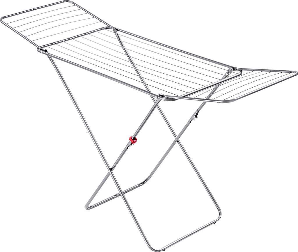 A silver metal drying rack on a white background.