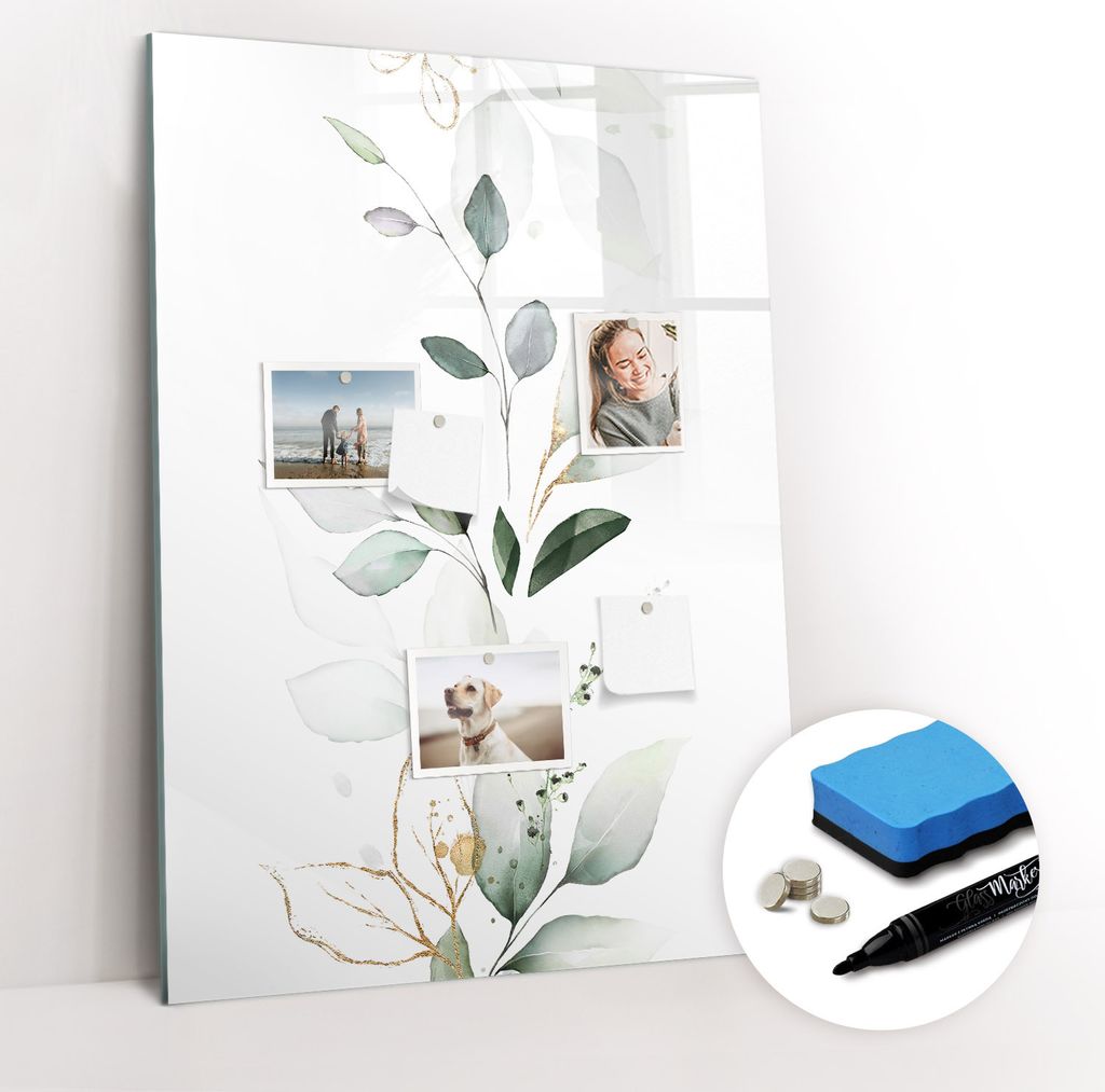 Magnetpinnwand Memoboard - Zubehörsatz - Schwarzer Marker + Schwamm + Magnete - 70 x 100 cm - Blattpflanzentrieb