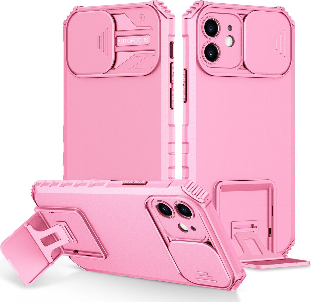 iPhone 12 Hülle, Dual Layer Ständer Schutzhülle mit Schiebe Kamera Schutz für iPhone 12 Pink
