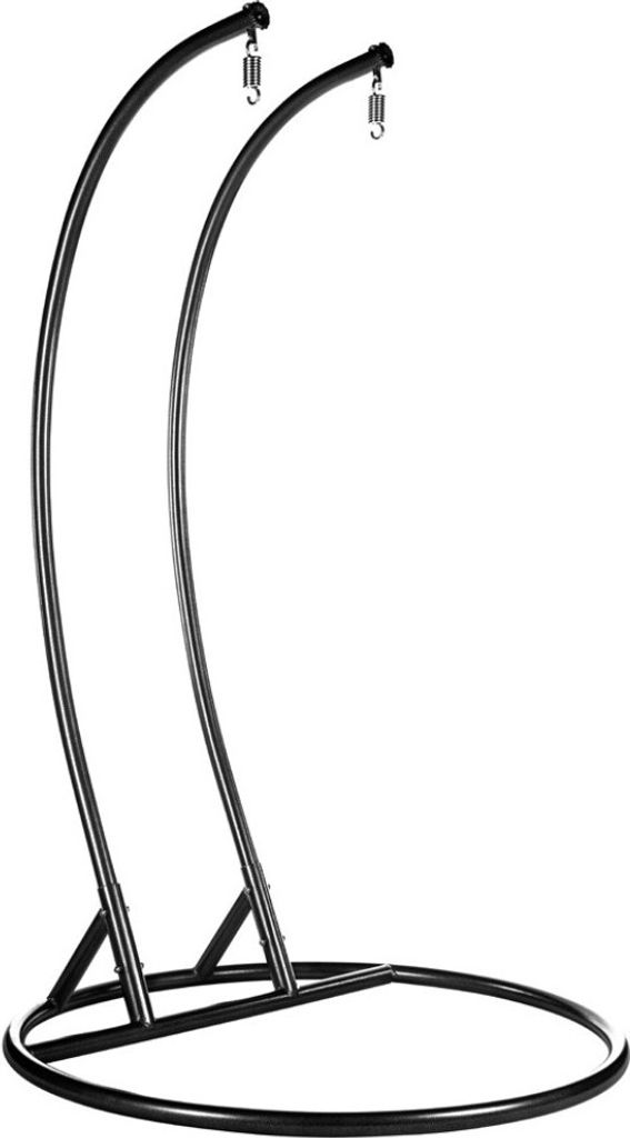 A black metal stand for a hanging chair.