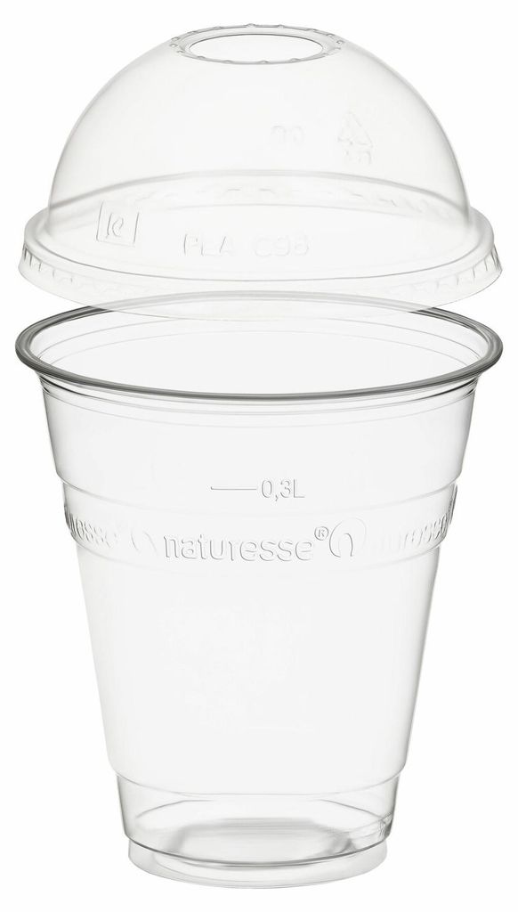 50x Trinkbecher 300ml + Domdeckel mit Rundloch aus PLA Produktbild 