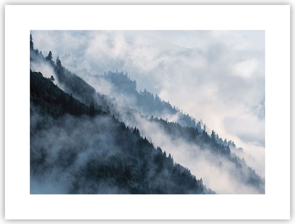 Poster - Poster ohne Rahmen - Berge Nebel Bäume - 40x30 cm - Wand Bild - Wanddeko - Wandbilder - Kunstposter - Wandposter - Bilder - Kunstdruck - ...