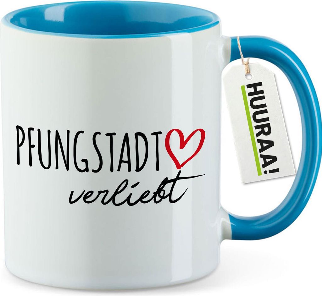 Huuraa Kaffeetasse Pfungstadt verliebt 330ml Blau Keramik Kaffeebecher Geschenkidee