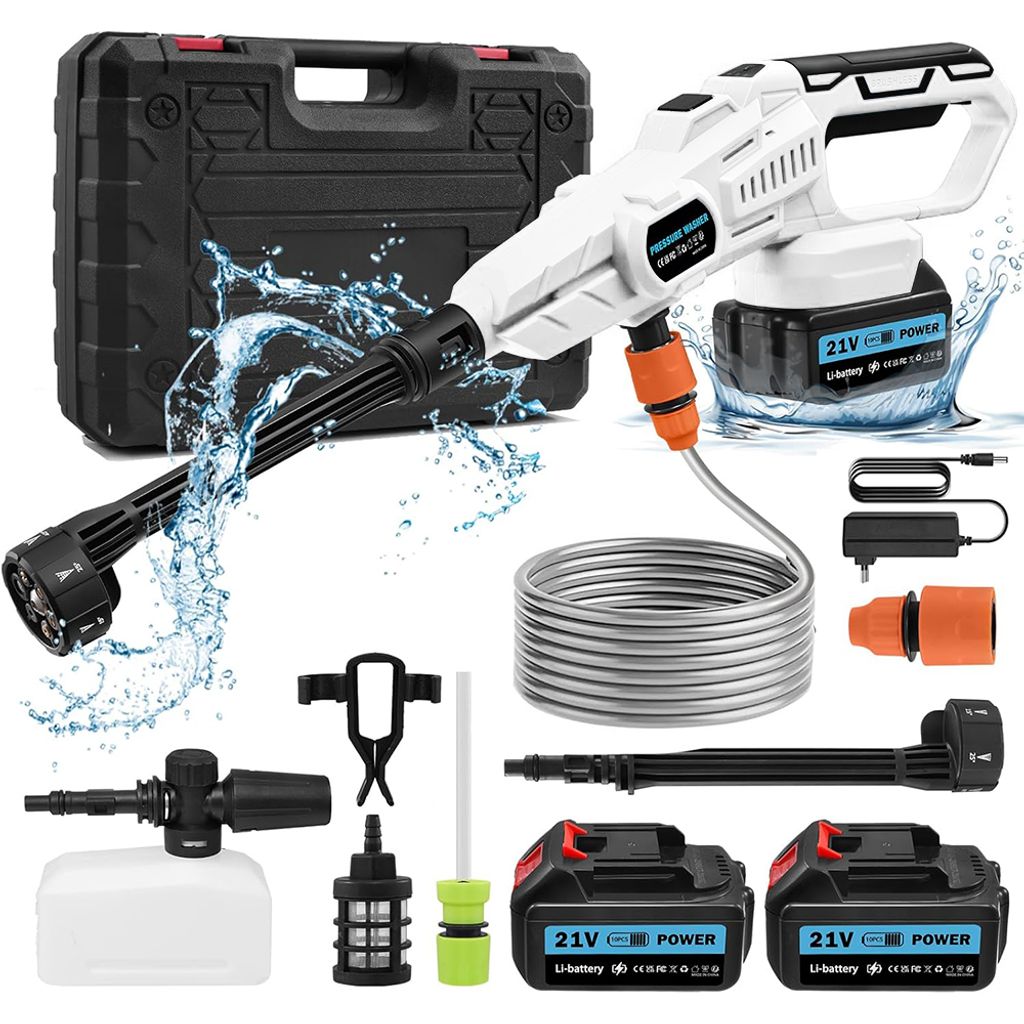 Akku Hochdruckreiniger, 120BAR Tragbarer HochdruckreinigungsmaschineGriffstärke passt den Wasserdruck,KFZ-Reiniger mit 2 Akkus,zur Autos Gärten