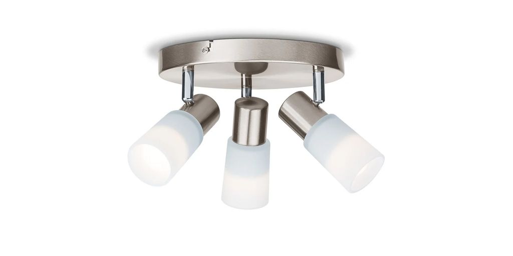 A three-headed ceiling light fixture with a brushed metal finish and frosted glass shades.