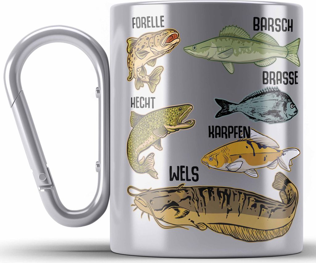 Trendation - Angler Fischer Edelstahl Tasse Karabiner mit Fischarten Geschenk Raubfische Hobbyangler Hecht Forelle Barsch Angeln Karabiner Edelstah...