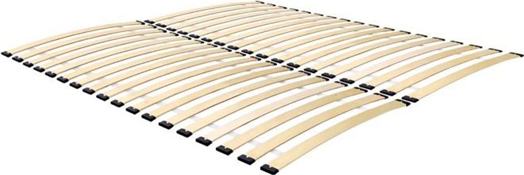 A wooden bed slatted base shown from a diagonal angle against a white background.