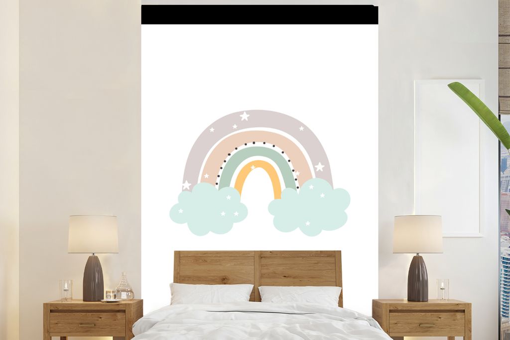 MuchoWow Fototapete für Wohnzimmer oder Schlafzimmer Wandtapete Vinyl Motivtapete Regenbogen - Sterne - Punkte - Wolken - Kinder - 190x260 cm - ...