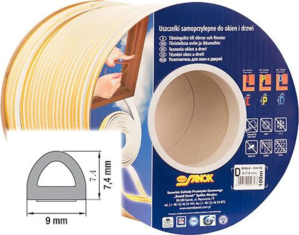 Joints auto-adhésifs pour portes et fenêtres 9x7,4mm TYPE D blanc 100M