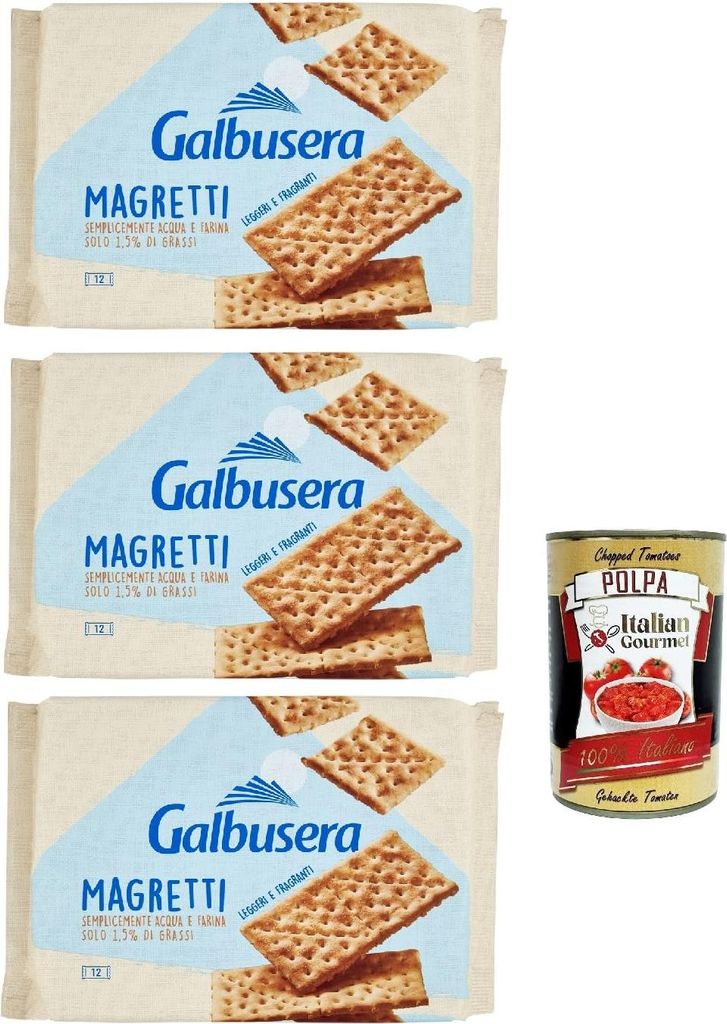 Galbusera Magretti cracker con 1,5% di grassi con Farina di Tipo 2, Cracker mit 1,5% Fett mit Typ 2 Mehl, 3x 380g + Italian Gourmet polpa 400g