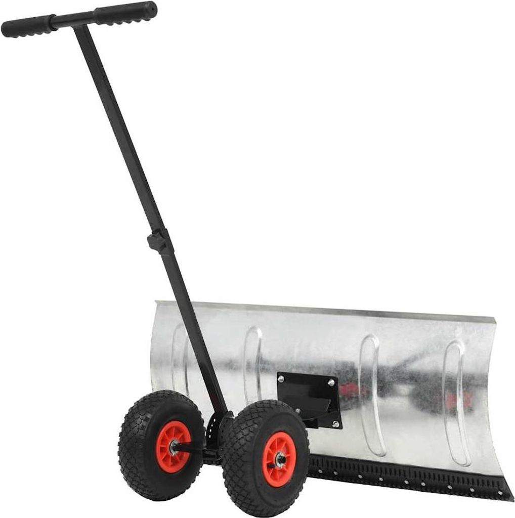 A wheeled snow plow is shown against a white background.