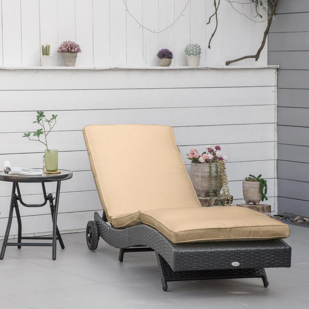Sonnenliege Polyrattan Rattan-Optik Gartenliege mit Rollen, Verstellbare Rückenlehne & Kissen, Wetterfeste Rollenliege für Garten & Pool, Schwarz