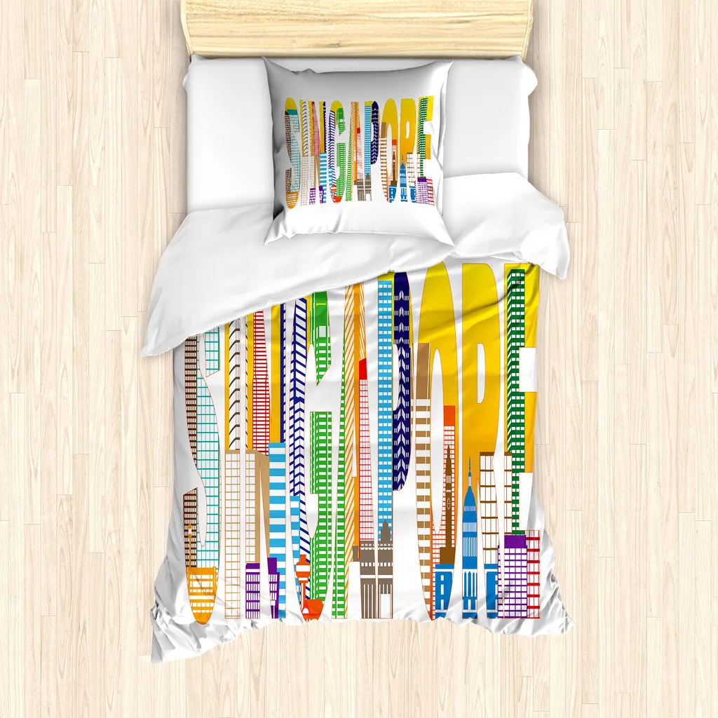 ABAKUHAUS Singapore Set copripiumino per letti singoli, disegno con scritte luminose, antiacaro, adatto a chi soffre di allergie, con federa, 135 cm x 200 cm - 80 x 80 cm, multicolore