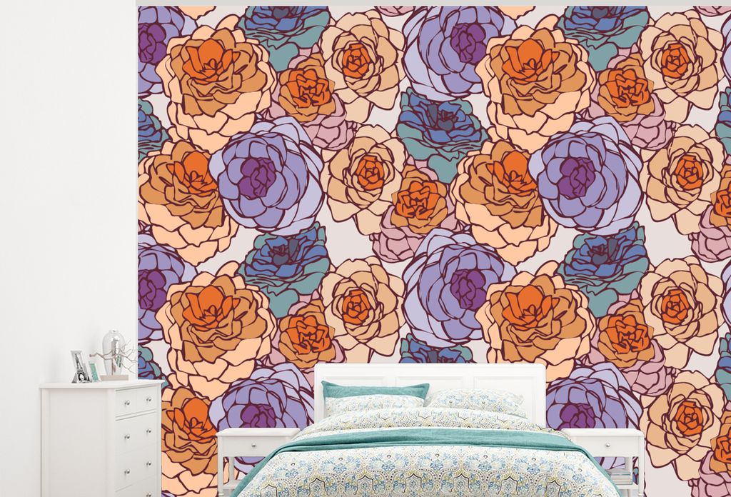 MuchoWow Fototapete für Wohnzimmer oder Schlafzimmer Wandtapete Vinyl Motivtapete Karte - Blume - Jugendstil - 375x300 cm - Tapezierpapier