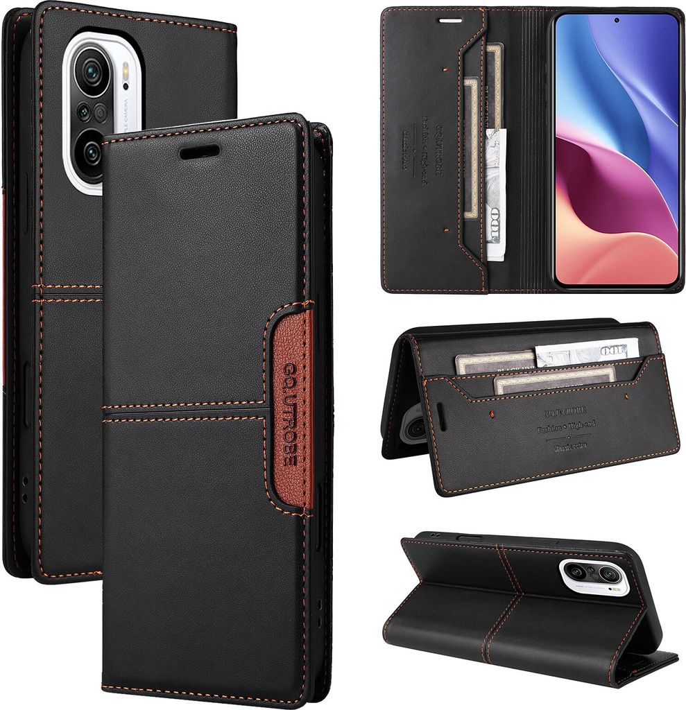 Handyhülle für Xiaomi Poco F3/Redmi K40 Hülle, Leder Flip Wallet Kartenfach Stand Schutzhülle Schwarz