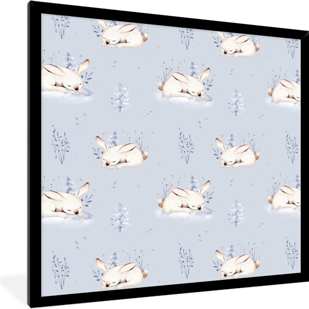 MuchoWow Gerahmtes Poster Winter - Muster - Kaninchen - Blau 40x40 cm - Poster mit Schwarzem Bilderrahmen Wandposter Rahmen Foto Bilder - Mit Rah...