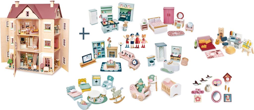 Tender Leaf einzigartiges Holzpuppenhaus Hall Fantail XXL mit 3 Etagen, inklusive 7 neuen Holzpuppen – Wohnzimmer und Küche/Schlafzimmer/Badezim...