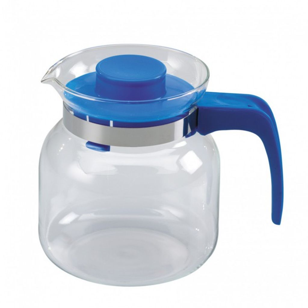 A transparent glass pitcher with a blue lid and handle on a white background.