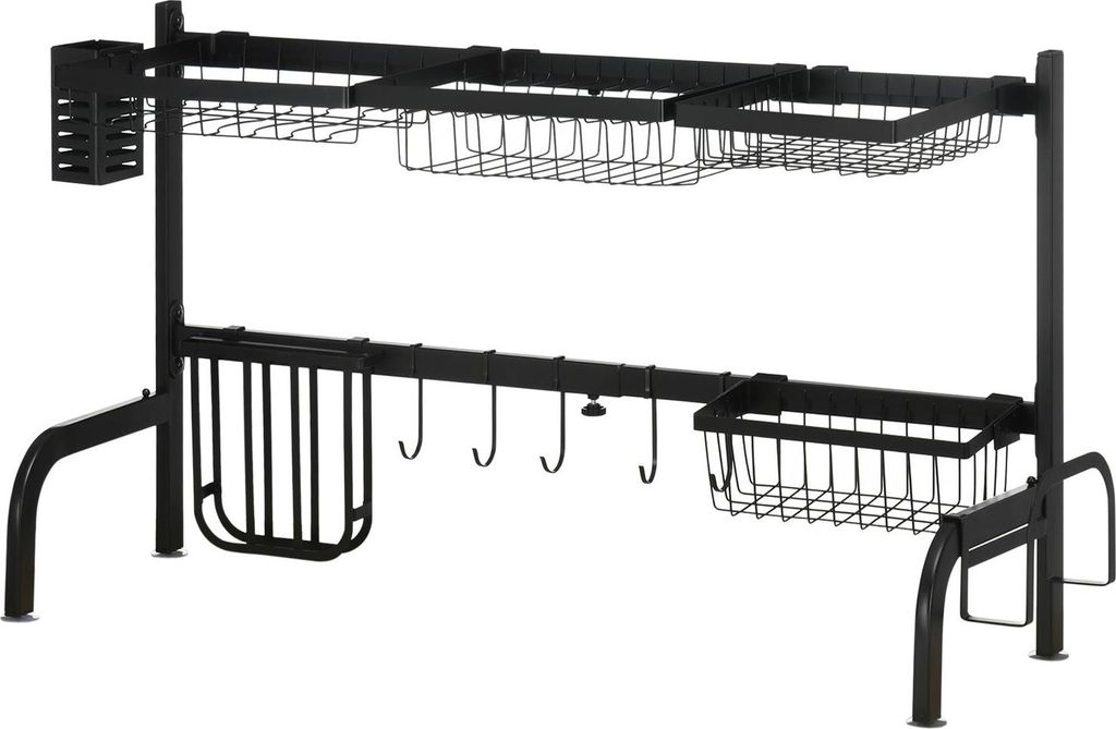 Abtropfgestell 2-Stufiges Geschirr-Abtropfgitter, Abtropfständer Mit Haken, Abtropfschale, Stahl, Schwarz, 51-93 Cm