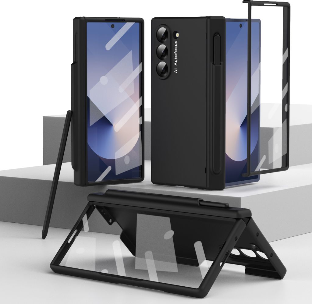 Hülle für Samsung Galaxy Z Fold 6 mit Pen, Scharnierschutz Hartes Anti-Kratzer Schutzhülle mit Displayschutzfolie Schwarz