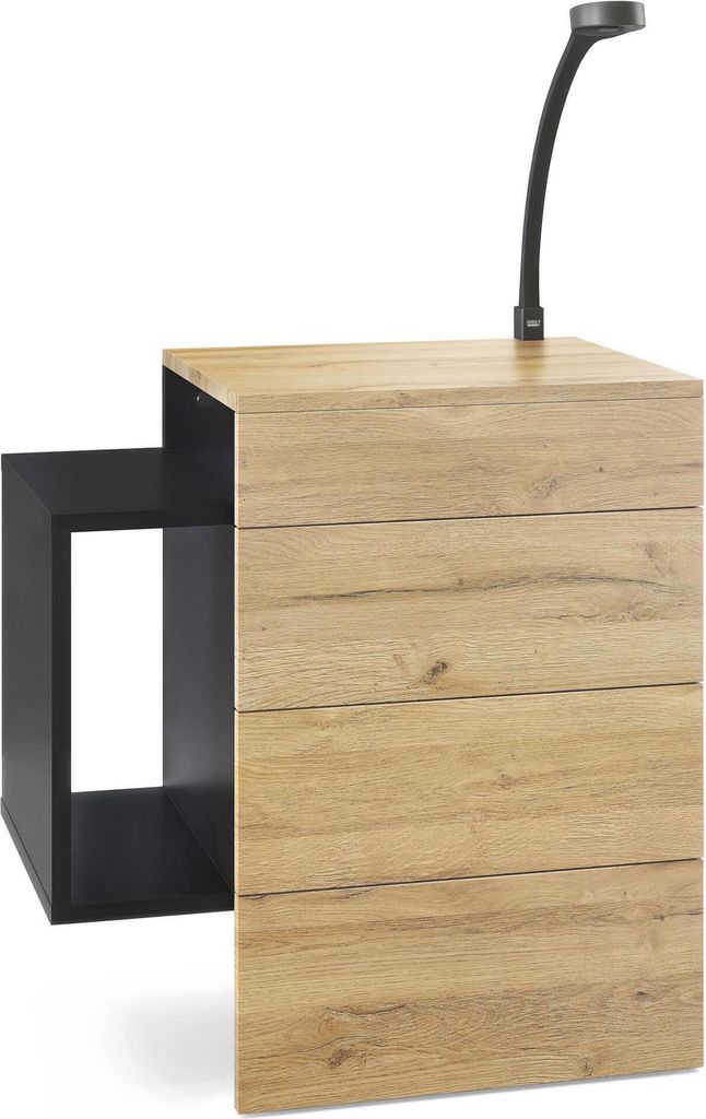 Vladon Nachttisch Queens, Germany, Nachttischschrank mit 2 Schubladen und 1 seitlichem Fach zur Wandmontage, Schwarz matt/Eiche Natur, inkl. LED Fl...