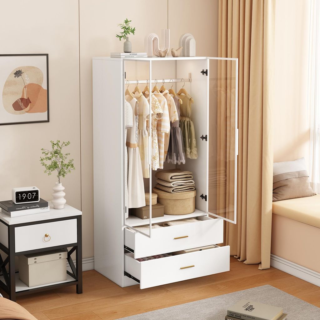 Weißer Kleiderschrank mit Türen aus gehärtetem Glas und LED-Beleuchtung, Kleiderstange mit einer Stange, zwei Schubladen, hochwertige MDF-Platte