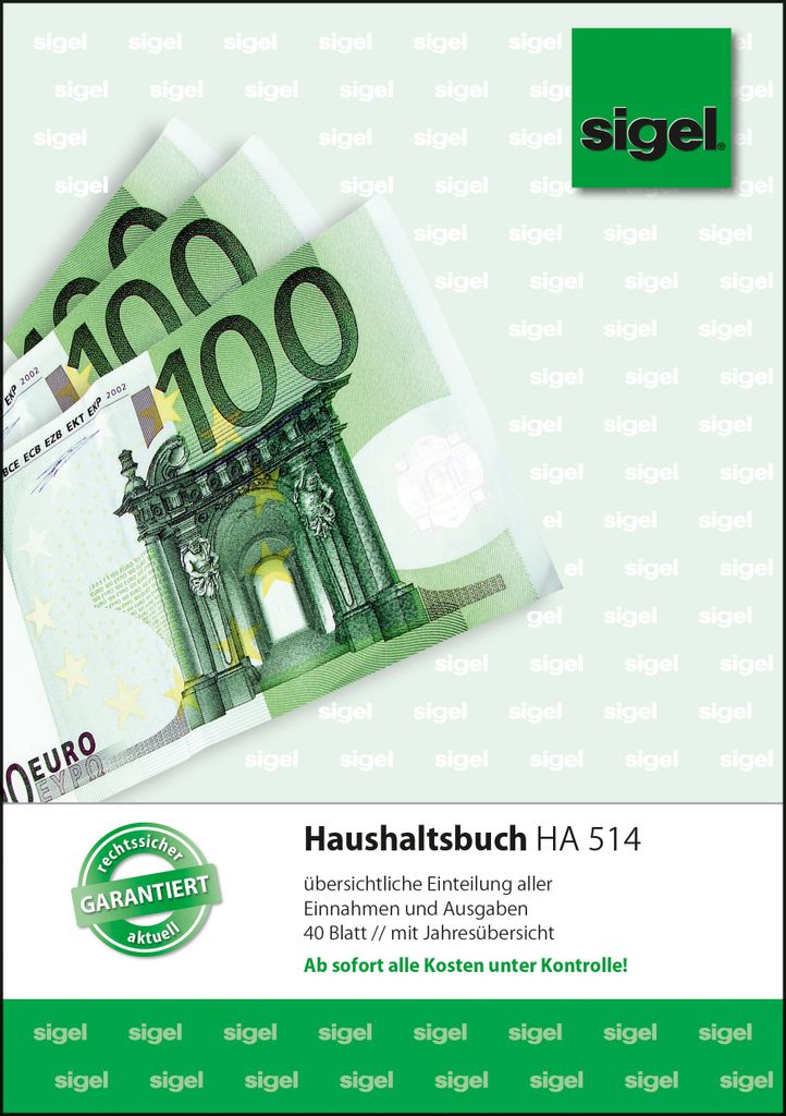 A close-up of 100 Euro banknotes with a green Sigel logo in the top right corner and text describing a household book.