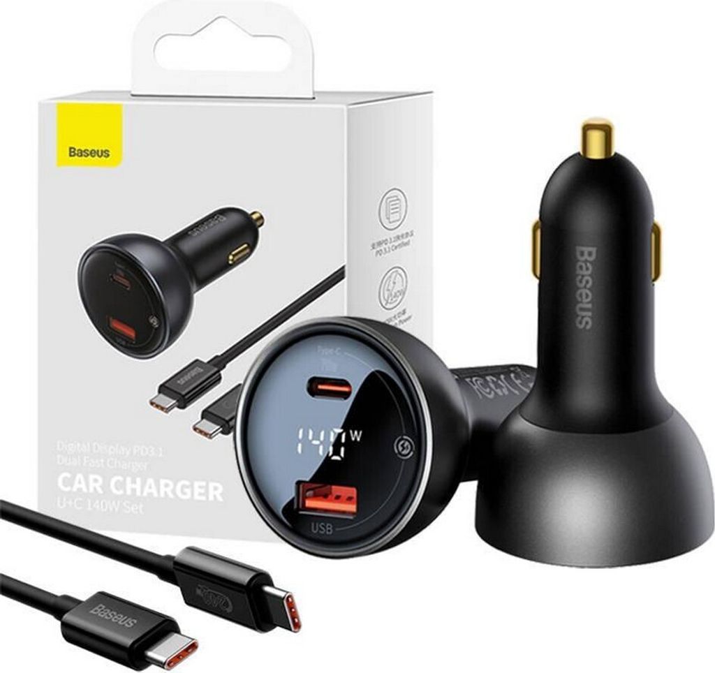 Baseus Digital Display Fast Car Charger USB-A / USB-C PD3.1 140W schwarz + USB-C Kabel Baseus Superior Series 5A 240W 1m schwarz (CGZX070001)