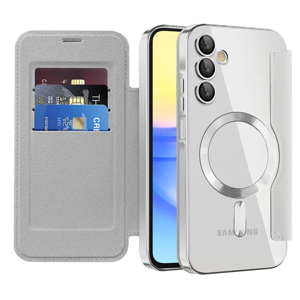 Custodia Samsung A15 MagSafe Argento: Cover con Portacarte e Protezione