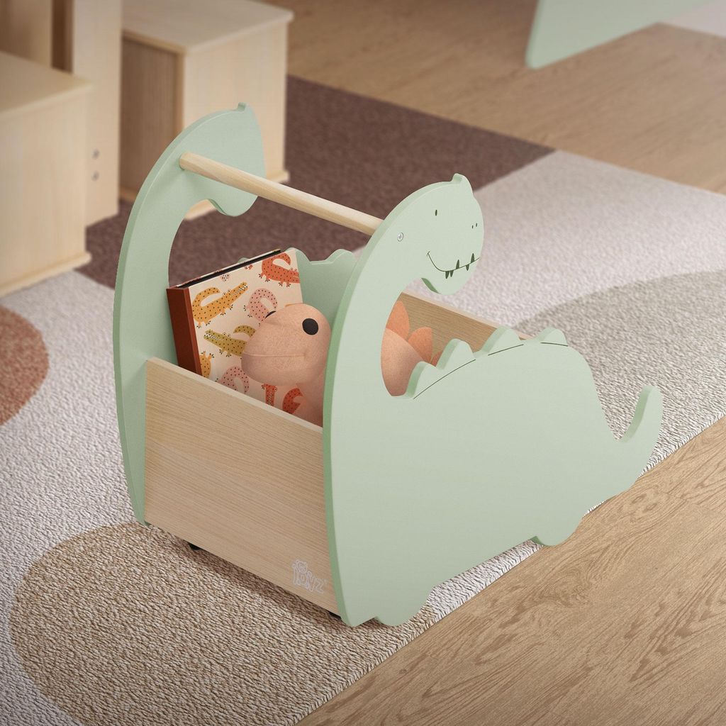 Joyz Spielzeugkiste aus Holz, Dino, 57x31,5x49 cm, Grün-Natur, Kinderregal mit 4 Rollen, Kinderzimmer Regal rollbar, Kinder Bücherregal, Lauflern...