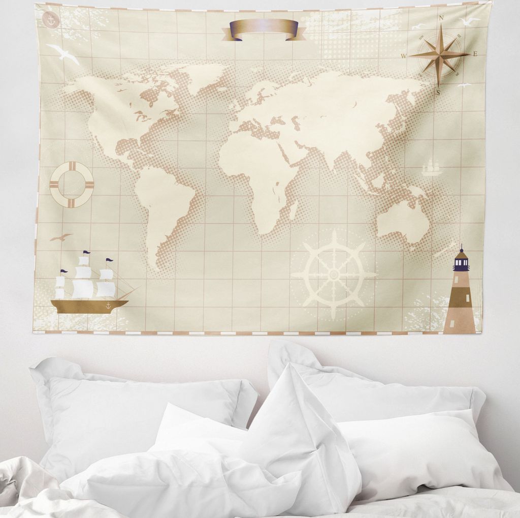 ABAKUHAUS Vintage Boat Wandteppich, Welts-Karte aus Weiches Mikrofaser Stoff Waschbar ohne Verblassen Digitaldruck, 150 x 110 cm, Eischale Tan Beige