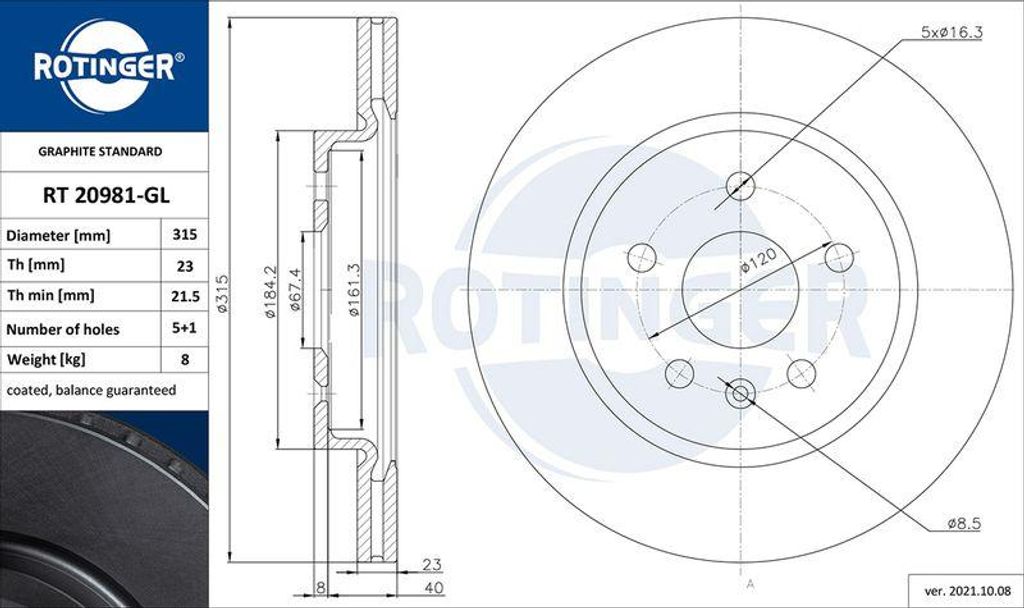 ROTINGER RT 20981-GL Bremsscheibe OE 13501290 kompatibel mit Insignia, Malibu
