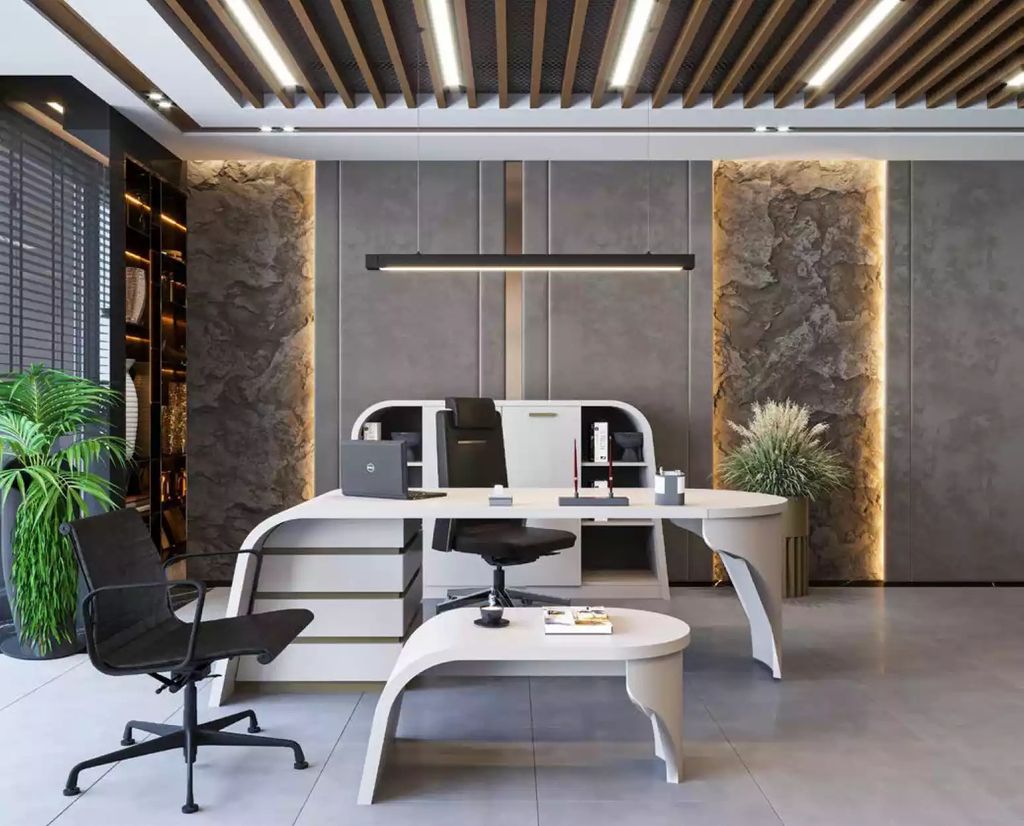 Weißes Büro Set Chef Schreibtisch Oval Couchtisch Aktenschrank Regal 3tlg.