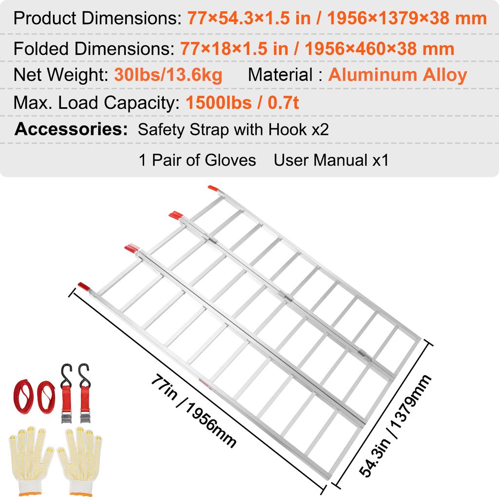 VEVOR Aluminiumrampen, Dreifach Faltbare Rampe mit Lastgurten, 700 kg Klappbare Laderampe für Motorräder, Traktoren, ATV/UTV, Lkws, Rasenmäher, ...