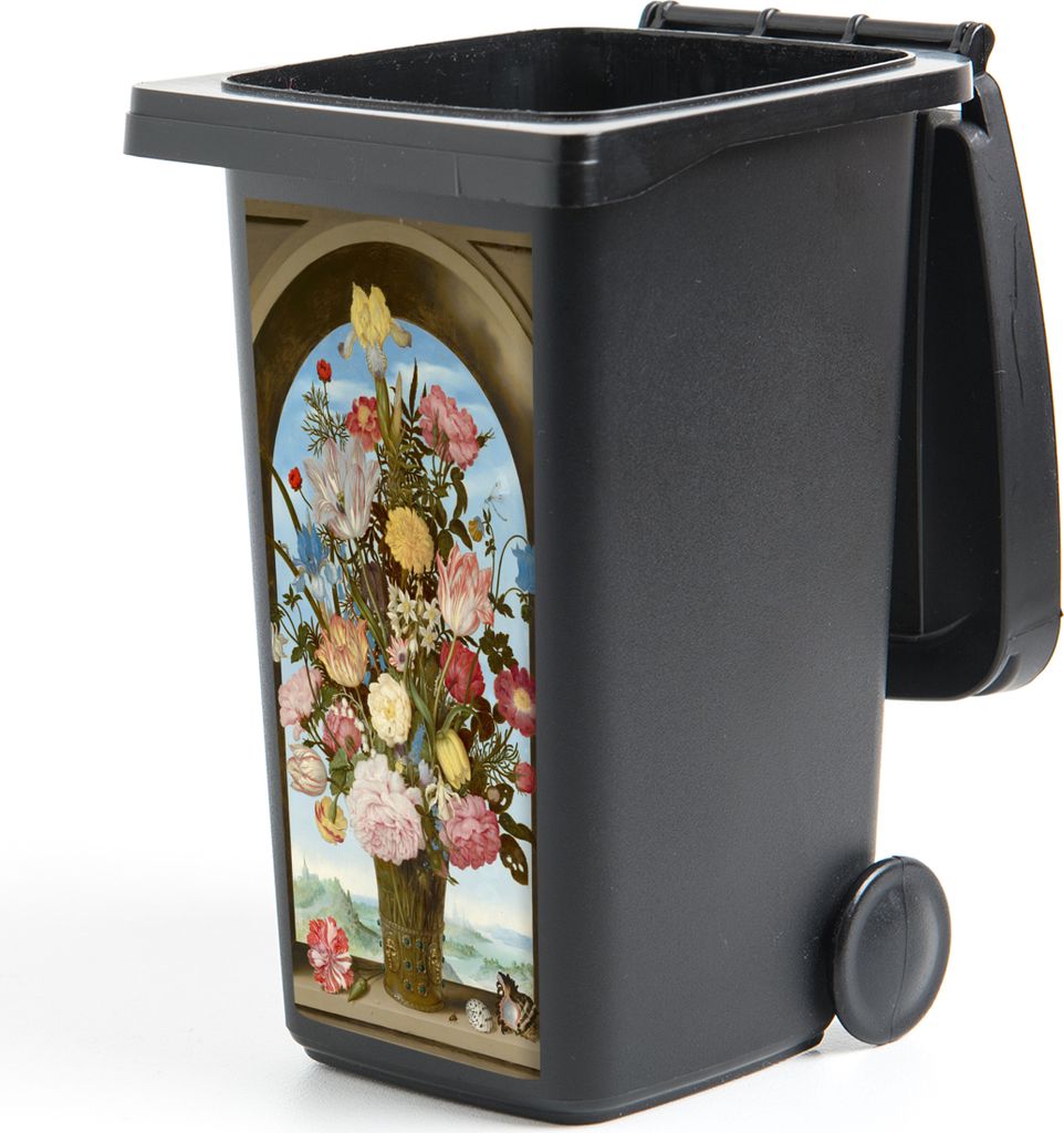 MuchoWow Mülltonnenaufkleber Vase mit Blumen in einem Fenster - Gemälde von Ambrosius Bosschaert dem Älteren 44x98 cm - Containeraufkleber - A...