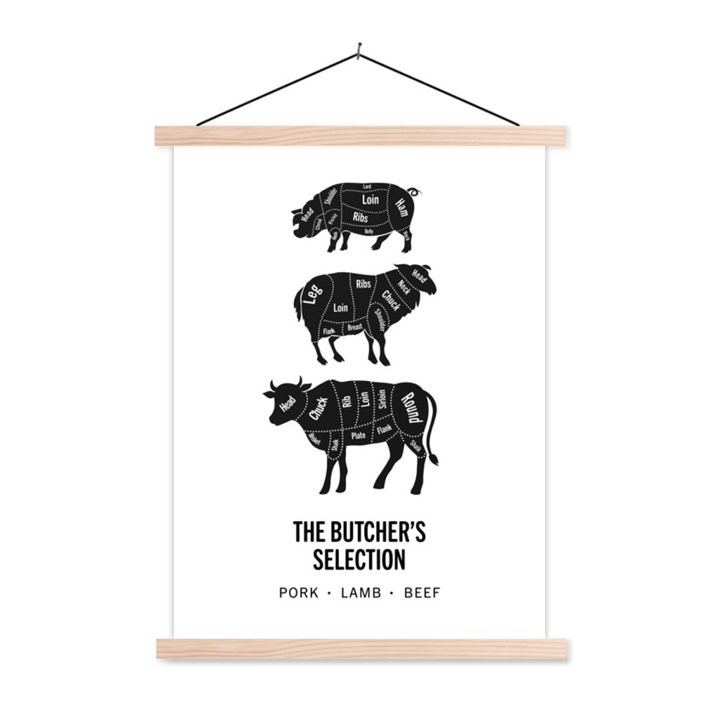 MuchoWow Textilposter Küche - Fleisch - Schwein - Lebensmittel 40x53 cm mit holzfarbenen Rahmen - Schlafzimmer