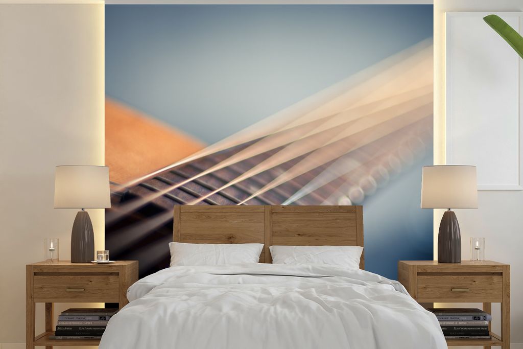 MuchoWow Fototapete für Wohnzimmer oder Schlafzimmer Wandtapete Vinyl Motivtapete Nahaufnahme der Saiten einer akustischen Gitarre - 300x300 cm ...