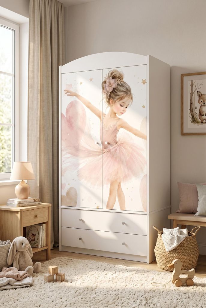 Kinderschrank groß Weiß mit Schubladen und Kleiderstange 88x187 cm Kinder Kleiderschrank 2-türig modern, bunte Aufkleber, Ballerina
